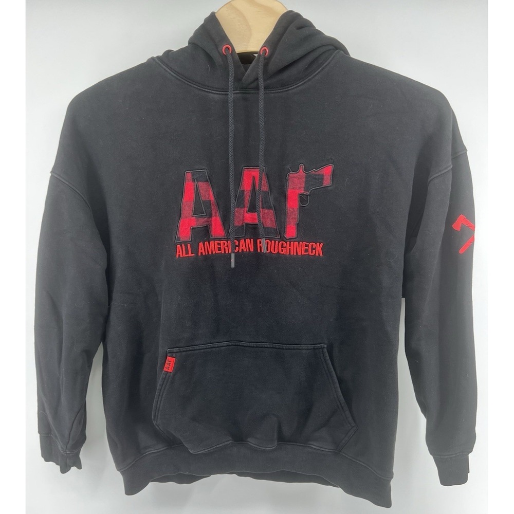 All American Roughneck Hoodie Mens XXL 2XL Black Red Buffalo Plaid Fading